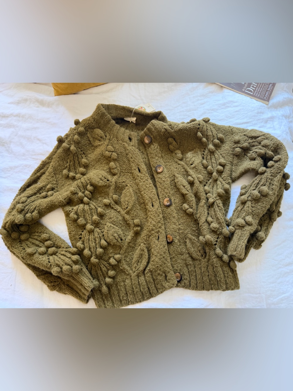 Doen Olive Green Pom-Pom Textured Wool Cardigan